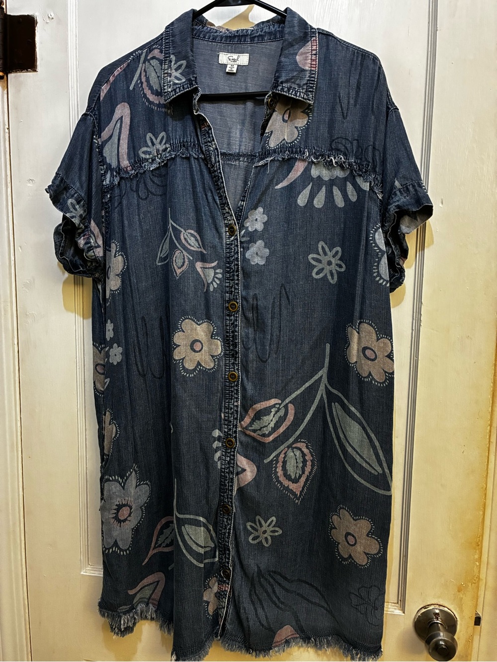 easel Floral Print Denim Midi Shirt Dress - Blue